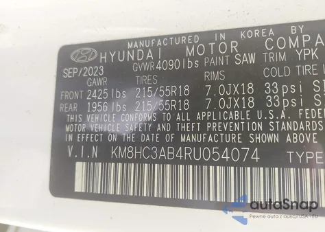 2024 Hyundai Kona Sel z USA, uszkodzony, nr VIN KM8HC3AB4RU054074